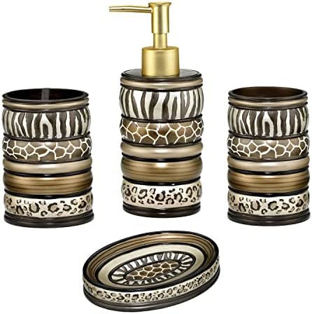 Zahari Home 4pc Safari Stripes Stylish Bathroom Accessories Set Hand Soap Dispenser, Tumbler, Tooth Brush Holder and Soap Dish Modern Classic Luxury Contemporary Decor Unique Design Stylish Bath Set