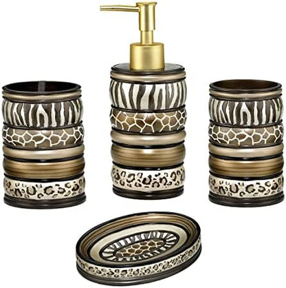 Zahari Home 4pc Safari Stripes Stylish Bathroom Accessories Set Hand Soap Dispenser, Tumbler, Tooth Brush Holder and Soap Dish Modern Classic Luxury Contemporary Decor Unique Design Stylish Bath Set
