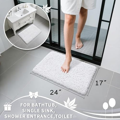 Yimobra Chenille Bathroom Rugs Non Slip, Extra Thick Soft Absorbent Bath Rug, Machine Washable Quick Dry Bath Mat for Bathroom Floor, Tub and Shower, Home Decor Accessories, 24x17, White