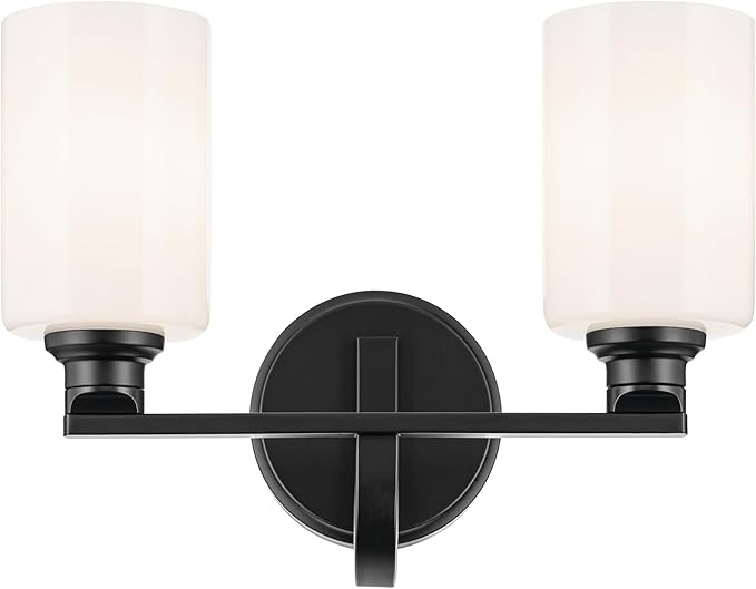 Kichler Gioe 14.25" 2-Light Vanity Light with Opal Glass in Black, Damp Rated, for Bathroom, Powder Room, Over a Mirror, (14.25" W x 10.5" H), 55225BK