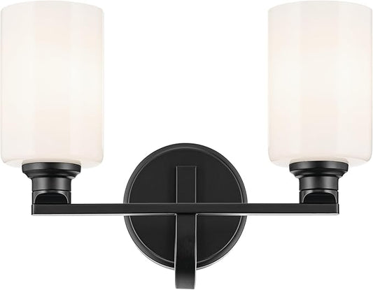 Kichler Gioe 14.25" 2-Light Vanity Light with Opal Glass in Black, Damp Rated, for Bathroom, Powder Room, Over a Mirror, (14.25" W x 10.5" H), 55225BK