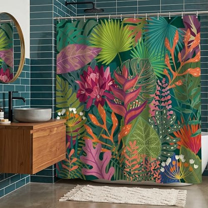 Tropical Floral Leaves Shower Curtain, Vibrant Jungle Botanical Design with Colorful Leaves, Polyester Fabric 72x72 Inches Includes 12 Hooks, Ideal Bathroom Décor for Nature Lovers