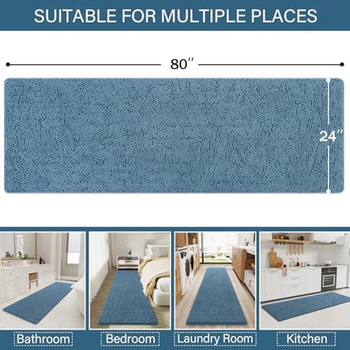 LOCHAS Luxury Bathroom Rug Shaggy Bath Mat 24 x 80 Inch, Denim Blue
