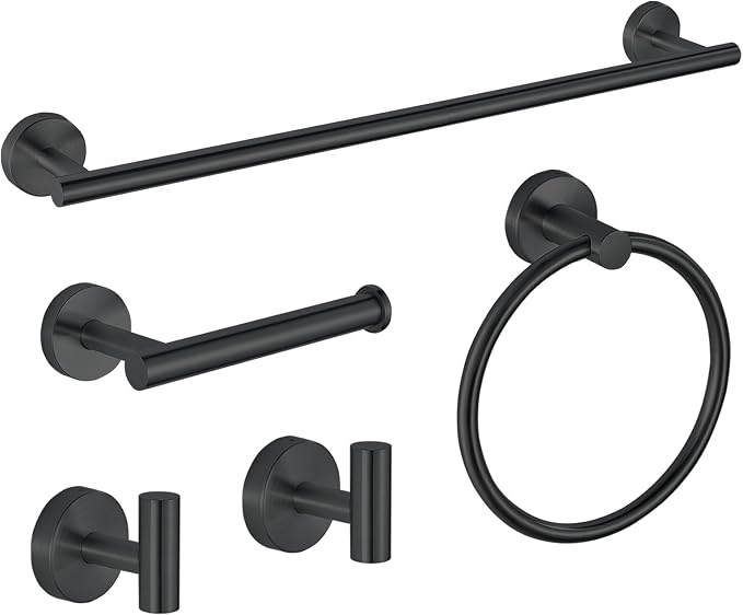 5-Piece Bathroom Hardware Set, Black SUS304 Stainless Steel Bathroom Accessories Kit, Includes 24" Towel Bar, Toilet Paper Holder, Towel Ring & 2 Robe Hooks, Wall Mounted, Rustproof Modern Design