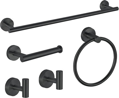5-Piece Bathroom Hardware Set, Black SUS304 Stainless Steel Bathroom Accessories Kit, Includes 24" Towel Bar, Toilet Paper Holder, Towel Ring & 2 Robe Hooks, Wall Mounted, Rustproof Modern Design