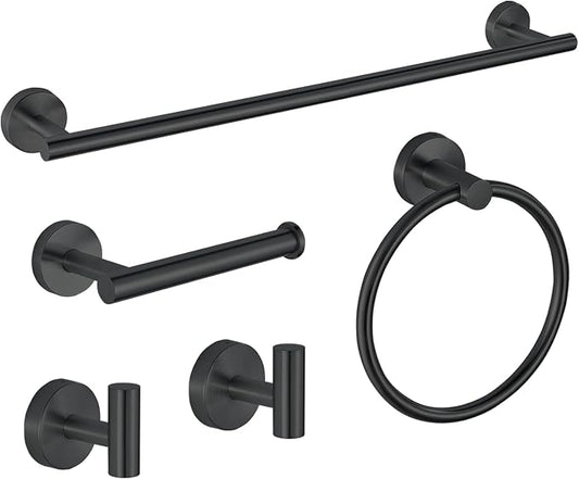 5-Piece Bathroom Hardware Set, Black SUS304 Stainless Steel Bathroom Accessories Kit, Includes 24" Towel Bar, Toilet Paper Holder, Towel Ring & 2 Robe Hooks, Wall Mounted, Rustproof Modern Design