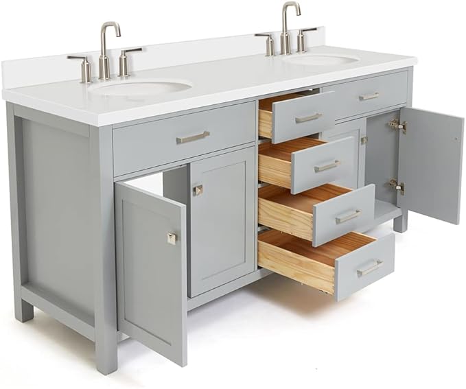 ARIEL Bristol 72-inch Bathroom Vanity with Sink,Solid Wood, 1.5-inch Pure White Quartz Countertop & Backsplash, Double Oval Porcelain Sink, 4 Soft Closing Doors, 4 Dovetail Drawers, Grey