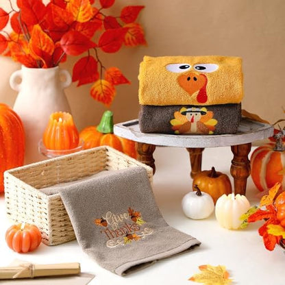 FuWeave 3 Pcs Brown Rust Thanksgiving Turkey Hand Towels for Bathroom
