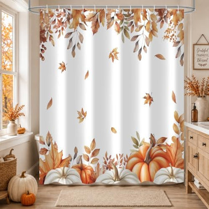Fall Pumpkins Shower Curtain, Autumn Maple Leaf Leaves Harvest Thanksgiving Farmhouse Bathr Curtains Set,Waterproof Fabric Bathroom Curtains Decor 72 X 72 Inch