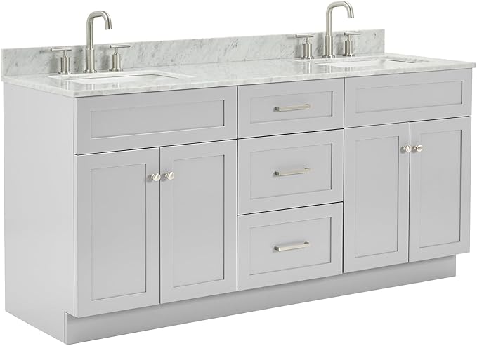 ARIEL Hamlet 72-inch Bathroom Vanity with Sink,Solid Wood, 0.75-inch Italian Carrara Marble Countertop & Backsplash, Double Oval Sink, 4 Soft Closing Doors, 3 Dovetail Drawers, Grey
