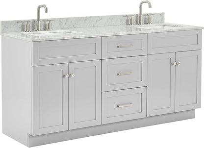 ARIEL Hamlet 72-inch Bathroom Vanity with Sink,Solid Wood, 0.75-inch Italian Carrara Marble Countertop & Backsplash, Double Oval Sink, 4 Soft Closing Doors, 3 Dovetail Drawers, Grey
