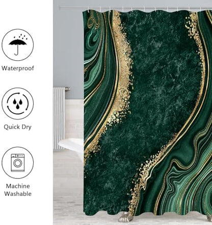 Gibelle 4 Pcs Luxury Marble Shower Curtain Set with Non-Slip Rugs, Toilet Lid Cover and Bath Mat, Gold Foil Emerald Green Bathroom Decor Set with Shower Curtain and Rugs and Accessories