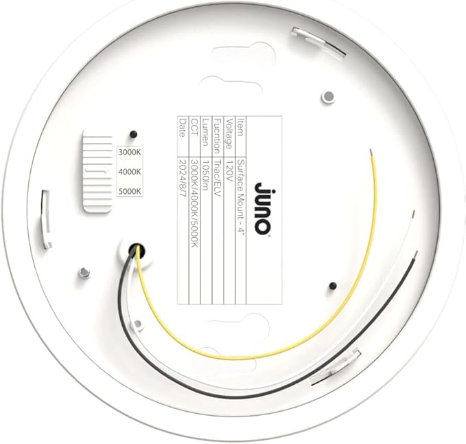 Juno Slim Basics 4 Inch LED Ceiling Light, Low Profile Surface Mount Downlight for Shower or Closet Lighting, 3000K/4000K/5000K Selectable White Light, Edged Trim, Wet Rated, Matte White