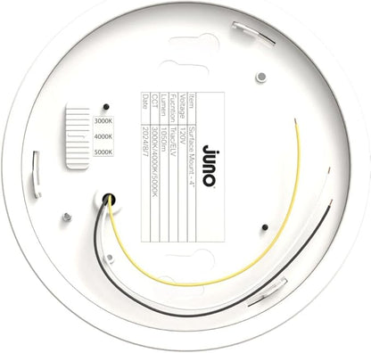 Juno Slim Basics 4 Inch LED Ceiling Light, Low Profile Surface Mount Downlight for Shower or Closet Lighting, 3000K/4000K/5000K Selectable White Light, Edged Trim, Wet Rated, Matte White