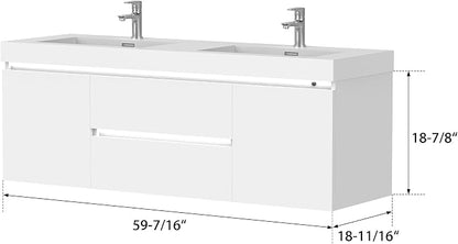 Vanity Art LED Lighted 60 Inch Double Sinks Wall Mounted Bathroom Vanity Set 2 Drawers 4 Shelves Storage Cabinet White Engineered Stone Top Undermount Rectangle Sinks with Sensor Switch