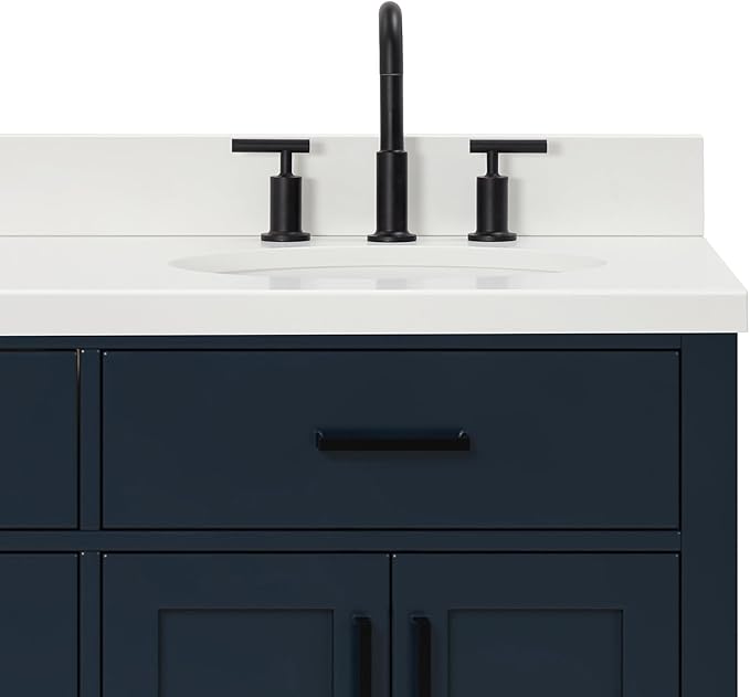 ARIEL Hepburn 66-inch Bathroom Vanity with Sink,Solid Wood, 1.5-inch Pure White Quartz Countertop & Backsplash, Double Oval Porcelain Sink, 4 Soft Closing Doors, 6 Dovetail Drawers, Midnight Blue