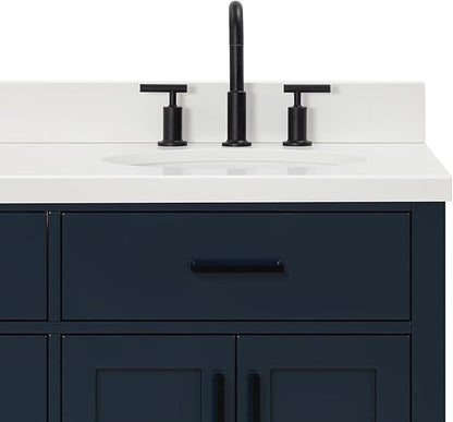 ARIEL Hepburn 66-inch Bathroom Vanity with Sink,Solid Wood, 1.5-inch Pure White Quartz Countertop & Backsplash, Double Oval Porcelain Sink, 4 Soft Closing Doors, 6 Dovetail Drawers, Midnight Blue