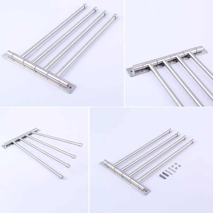 GERZWY Swivel Towel Bar SUS 304 Stainless Steel 4-Arm Bathroom Swing Hanger Towel Rack Holder Storage Organizer Space Saving Wall Mount Brushed Finish HYG04-LS