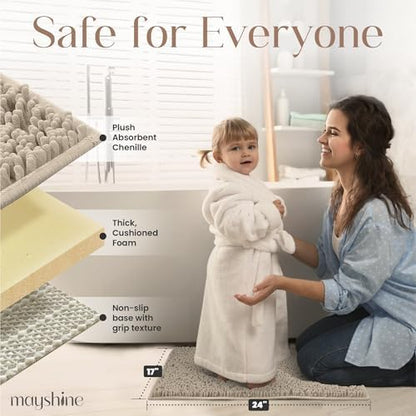 MAYSHINE Small Plush Shaggy Chenille Bath Mat 24"x17"| Extra Soft, Super Absorbent, Non-Slip Bathroom Rug | Fluffy Microfiber, Area Rug Sets for Bathroom Floor, Kitchen, Living Room | Beige