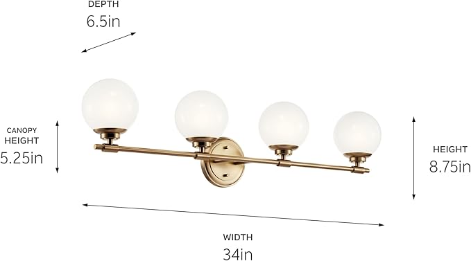 Kichler Benno 4-Light Vanity, Modern Light with Opal Glass in Champagne Bronze, for Bathroom or Powder Room (8.75" x 34"), 55173CPZ