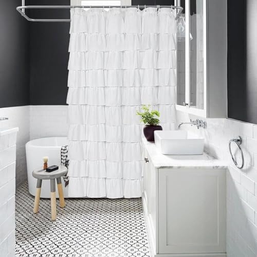 Volens White Shower Curtain Fabric Ruffle for Bathroom,72in Long