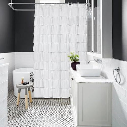 Volens White Shower Curtain Fabric Ruffle for Bathroom,72in Long