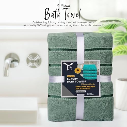 Luxury Bath Towels Set of 4, 27x54 Inches 600GSM 100% Cotton Ring Spun – Daily Use Highly Absorbent Viscose Stripe Bath Towel Sets for Bathroom, Hotel, Spa (Sage Green)