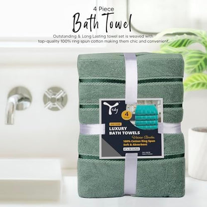 Luxury Bath Towels Set of 4, 27x54 Inches 600GSM 100% Cotton Ring Spun – Daily Use Highly Absorbent Viscose Stripe Bath Towel Sets for Bathroom, Hotel, Spa (Sage Green)