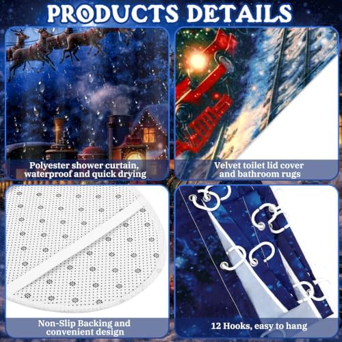 FuWeave 8 Pcs Christmas Shower Curtain Set for Bathroom Decor Include Vintage Santa Train Reindeer Towels Christmas Non Slip Snow Village Rugs Toilet Lid Cover Winter Gift Bath Mat and 12 Hooks