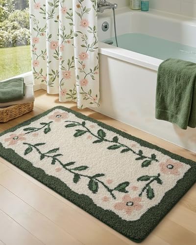DEXI Boho Floral Bathroom Rugs 43x24, Green Leaf Bath Mat Non Slip Washable