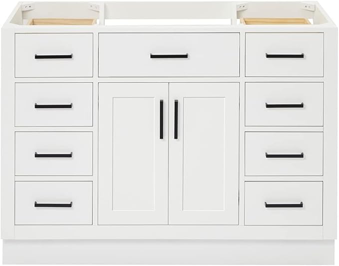 ARIEL Hepburn 48-inch Bathroom Vanity Base Cabinet,Solid Wood, 2 Soft Closing Doors, 9 Dovetail Drawers, White