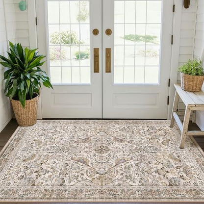 Washable 3x5 Moss Large Entryway Rugs - Low Pile Soft Boho Area Rug for Bedroom Beside Bed, Laundry, Non Slip Floral Kitchen Mat for Floor, Vintage Botanical Design Stain Resistant Carpet