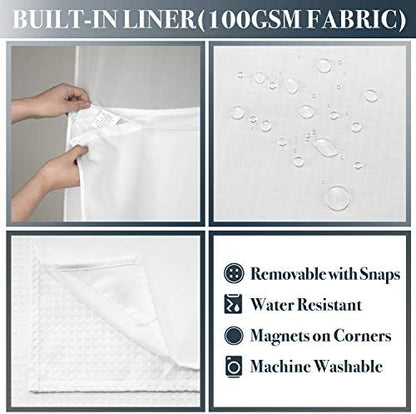 N&Y HOME Waffle Weave Shower Curtain with Snap-in Fabric Liner Set, 12 White Hooks Included - Hotel Style, Waterproof & Washable, Heavyweight Fabric & Mesh Top Window - 71x72, White (Pack of 12)
