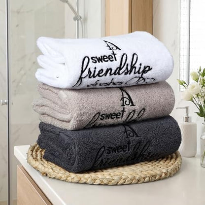 Tiamon 3 Pcs Bathroom Towel Decorative Set 100% Cotton Fluffy Bath Hand Towels for Guest Gifts Farmhouse Kitchen Hand Towels Home(Black, White, Gray,30 x 13 Inch,Friendship)