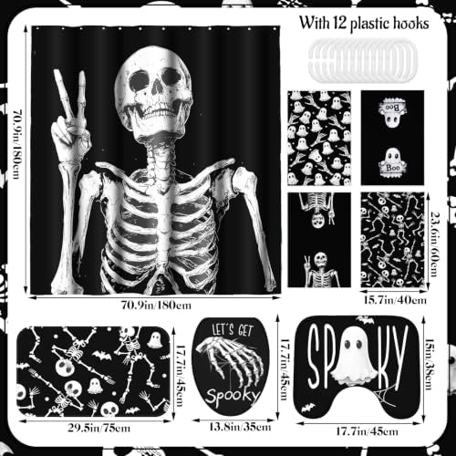 Honoson 8 Pcs Halloween Skeleton Bathroom Shower Curtain Set with Rugs, Skull Bath Decor with Non-Slip Floor Mat, Toilet Lid Cover, Ghost Bat Towels, Spooky Black White Bathroom Decor for Home