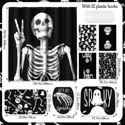 Honoson 8 Pcs Halloween Skeleton Bathroom Shower Curtain Set with Rugs, Skull Bath Decor with Non-Slip Floor Mat, Toilet Lid Cover, Ghost Bat Towels, Spooky Black White Bathroom Decor for Home