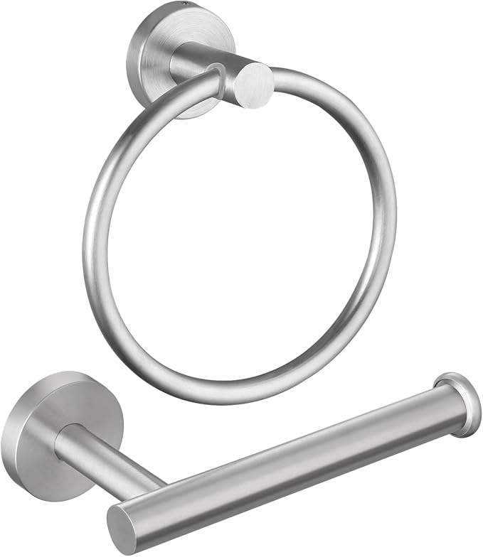 Bathroom Hardware Set, Towel Ring & Toilet Paper Holder, Stainless Steel SUS304, Hand Towel Hanger & Toilet Roll Holder, Sturdy Bathroom Accessories for Home or Kitchen Brushed Nickel