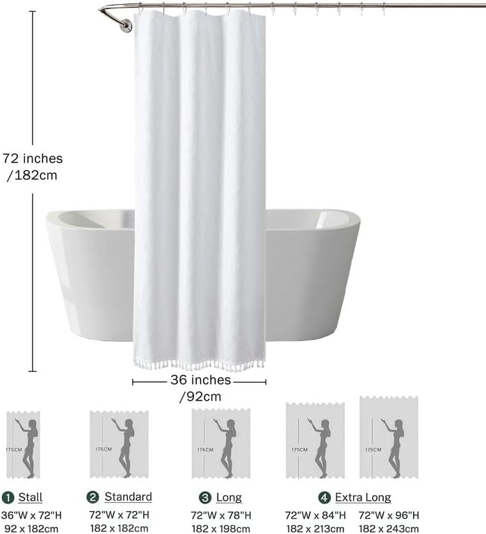 OVZME White Stall Shower Curtain for Bathroom, Puff Printed Textured Shower Curtain with Tassels, Geometry Heavy Duty Vintage Country Narrow Bathroom Curtain, Water Resistant Fabric, 36Wx72L