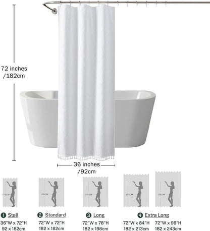 OVZME White Stall Shower Curtain for Bathroom, Puff Printed Textured Shower Curtain with Tassels, Geometry Heavy Duty Vintage Country Narrow Bathroom Curtain, Water Resistant Fabric, 36Wx72L