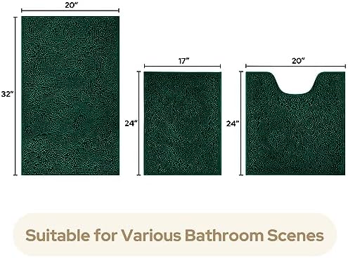 HOMEIDEAS Dark Green Chenille Bathroom Rugs Set of 3, Non Slip Bath Mat