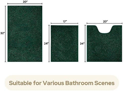 HOMEIDEAS Dark Green Chenille Bathroom Rugs Set of 3, Non Slip Bath Mat