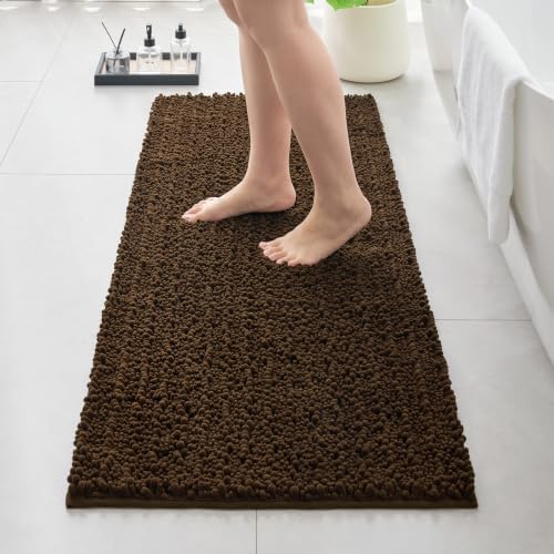 Bathroom Rugs Non Slip Washable 60x24, Extra Thick Soft Chenille Absorbent Bath Mat, High Density Barrier Non Slip Backing, Quick Dry Plush Shaggy Floor Carpet for Tub&Shower, Brown