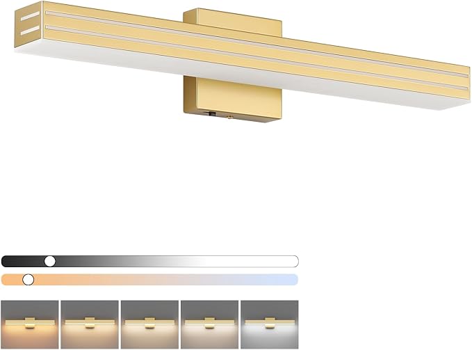 Ralbay 24inch Gold Vanity Light with 5 Color Temperature (2700K-6000K) Dimmable Acrylic Metal 24W LED Modern Matte Gold Bathroom Vanity Light Bar