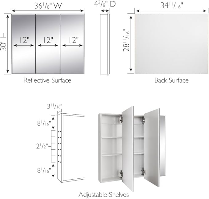 Design House Cyprus Medicine Cabinet, 3 Frameless Mirrored Doors, 2 Adjustable Shelves, Pre-Assembled, Surce or Recess-Mounted, White, 36.3 in. W x 4.4 in. D x 30.1 in. H, 590265