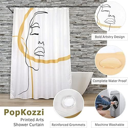 Abstract Face Shower Curtain Set with Hooks: 72’’x72’’ Black & Gold Minimalist Line Art Waterproof Washable Weighted Bath Curtain, Modern Bathroom Decor