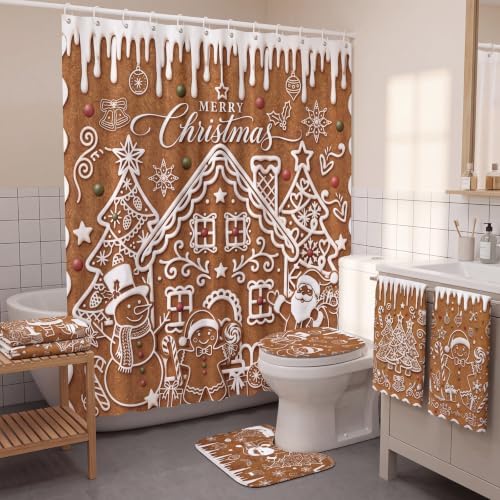 FuWeave 8Pcs Gingerbread House Christmas Shower Curtain Set, Cookie Santa Snowman Bathroom Decor, Non-Slip Bath Rug, U Mat, Toilet Lid Cover, Hand Towels & 12 Hooks, Xmas Winter Home Decor