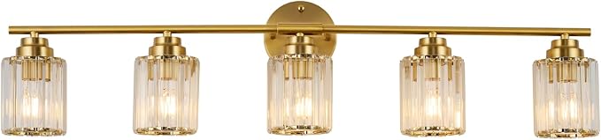 5-Light Crystal Bathroom Light Fixtures, Modern Gold Vanity Light, 37.4" Vanity Lights with Clear Crystal Shade, E26 Base Wall Sconces Over Mirror for Bathroom, Bedroom, Hallway