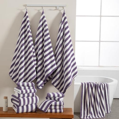 18 Pcs Purple Stripe Bath Towel Set with Hanging Loop-6 Bath Towels,6 Hand Towels,6 Washcloths Soft Family Towels Set Bathroom Towel Highly Absorbent Quick Dry Shower Towel for Beach Spa Gym Hotel