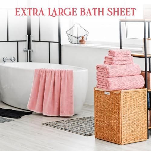 Peryiter 6 Pcs Bath Towel Set, Oversized Bath Sheet for Adults, Pink