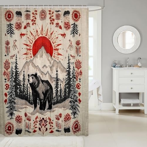 Lodge Cabin Bear Shower Curtain for Bathroom Decor Country Rustic Bath Curtain for Stalls Bathtubs Western Boho Bathroom Accessories Botanical Floral Waterproof Polyester Fabric with 12 Hooks 72"x84"